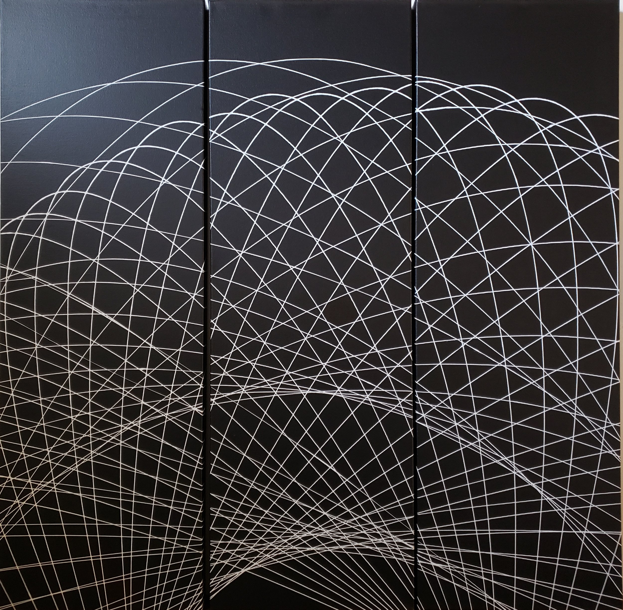 triptych of pendulum pours on three 12" x 36" x 1.5" canvasses