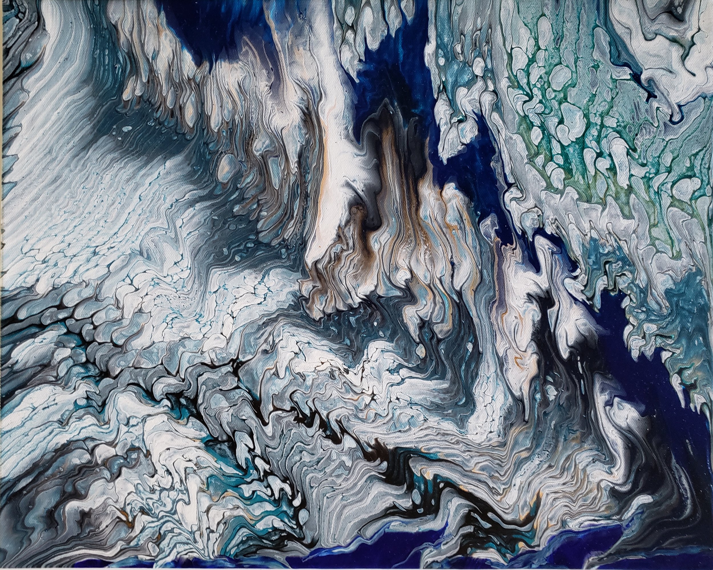 traveling straight pour on 16" x 20" x 1.5" canvas finished with archival varnish