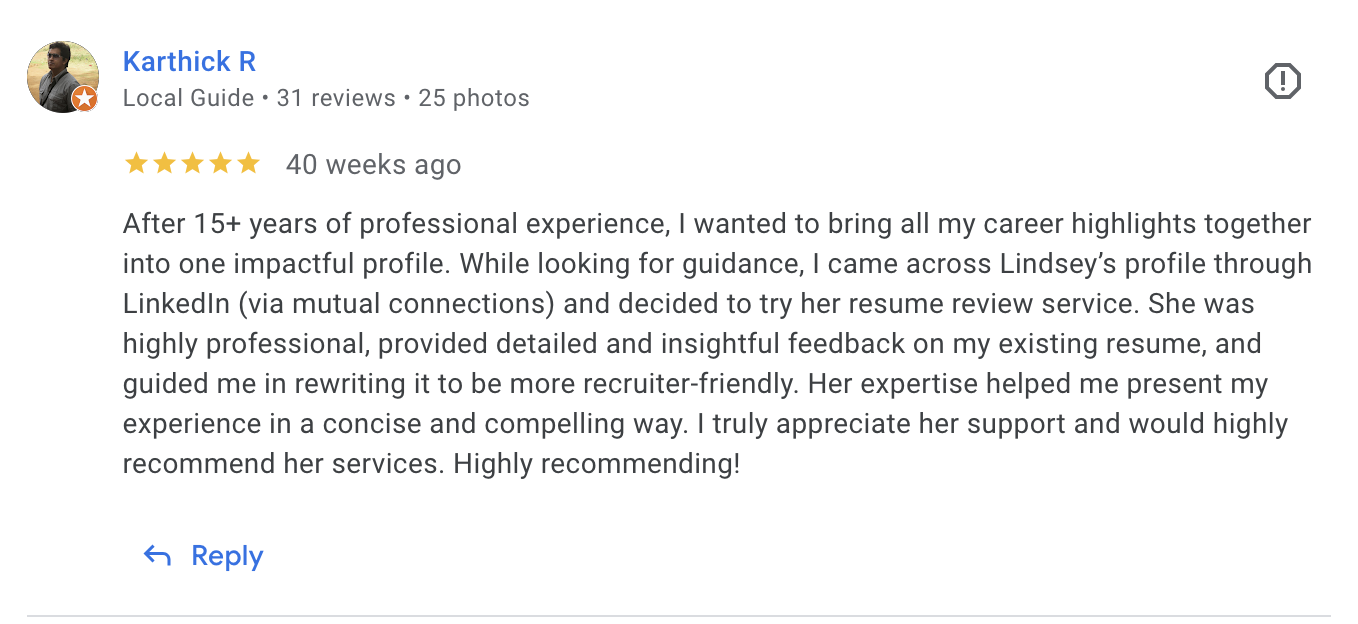 Reviewer's LinkedIn profile with a profile picture, name, reviews, and a positive written review.