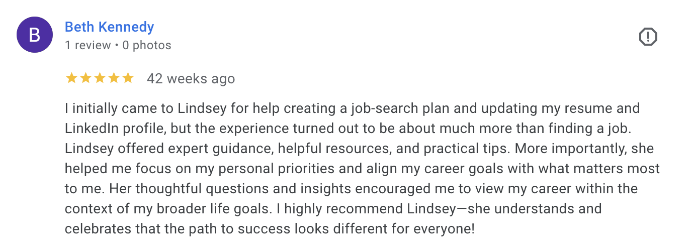 Screenshot of a Google review by Beth Kennedy praising Lindsey for career coaching and guidance, mentioning personalized advice, resourcefulness, and support in aligning career goals.