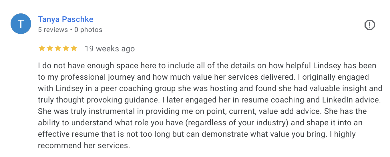 Screenshot of a five-star review from Tanya Paschke praising Lindsey for resume coaching and LinkedIn advice.