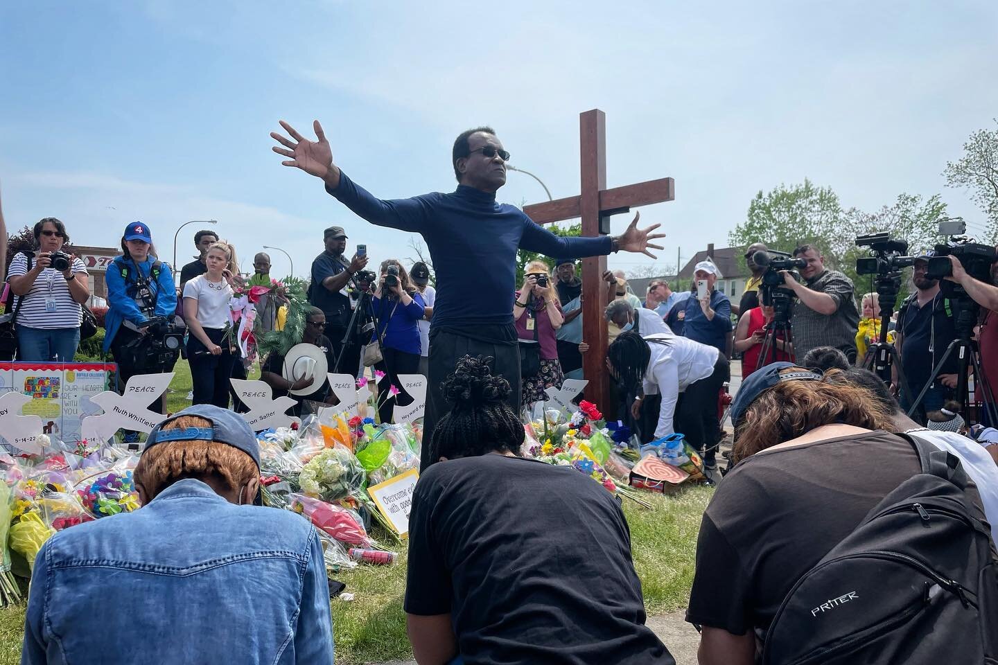 Community religious leader speaks moments after 123 seconds of silence for the victims of the May 14, 2022 mass shooting by a white supremacist terrorist. Ten lives lost, three injured, a community terrorized. A message of peace one week later at the