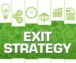 Green background with icons representing ideas, gears, a clock, people, a bar chart, and a document, with bold white text that says 'EXIT STRATEGY'.