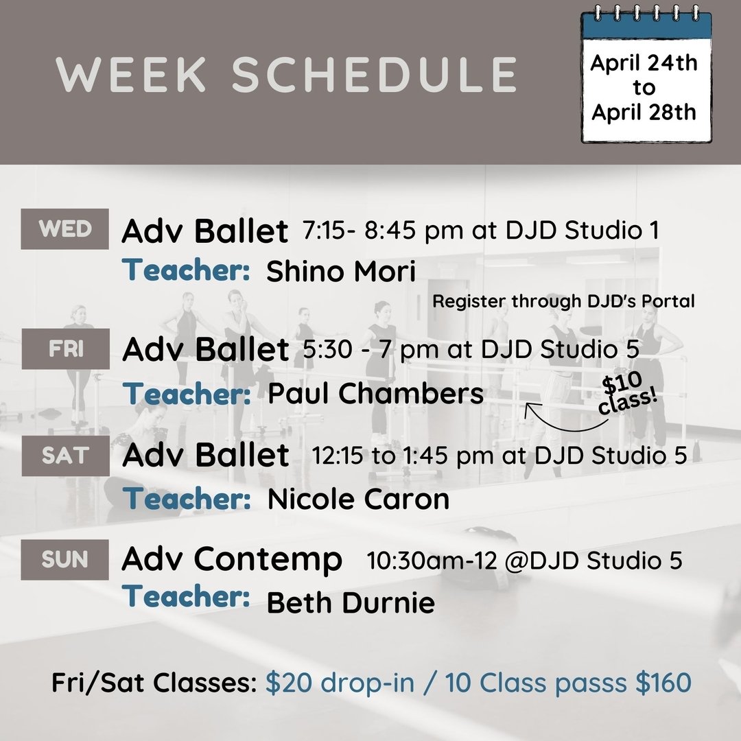Take class with us! :) ⁣
​​​​​​​​​​​​​​​​​​​​​​​​Wednesday Classes (Register through DJD's portal) ​​​​​​​​​​​​​​​​​​​​​​​​​​​​​​​​
​​​​​​​​​​​​​​​​​​​​​​​​​​​​Friday and Saturday Classes​​​​​​​​​​​​​​​​​​​​​​​​​​​​​​​​
Single Drop-in $20​​​​​​​​​​​​