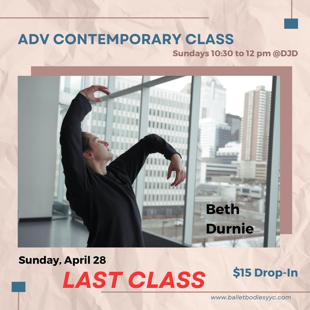 Unfortunately, we had to make the difficult decision to cancel our Spring Contemporary Classes. ​​​​​​​​
BUT ...you still have the chance to take Beth Durnie's last class this Sunday at 10:30 am for only $15!​​​​​​​​
See you there!