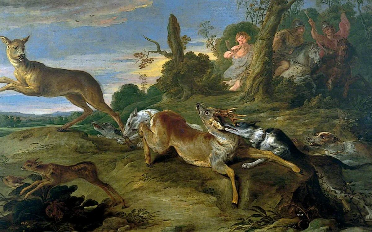 Historical hunting scene with dogs attacking a deer, with two riders on horseback and three women or children in the background beneath a large tree, in a classical landscape setting.