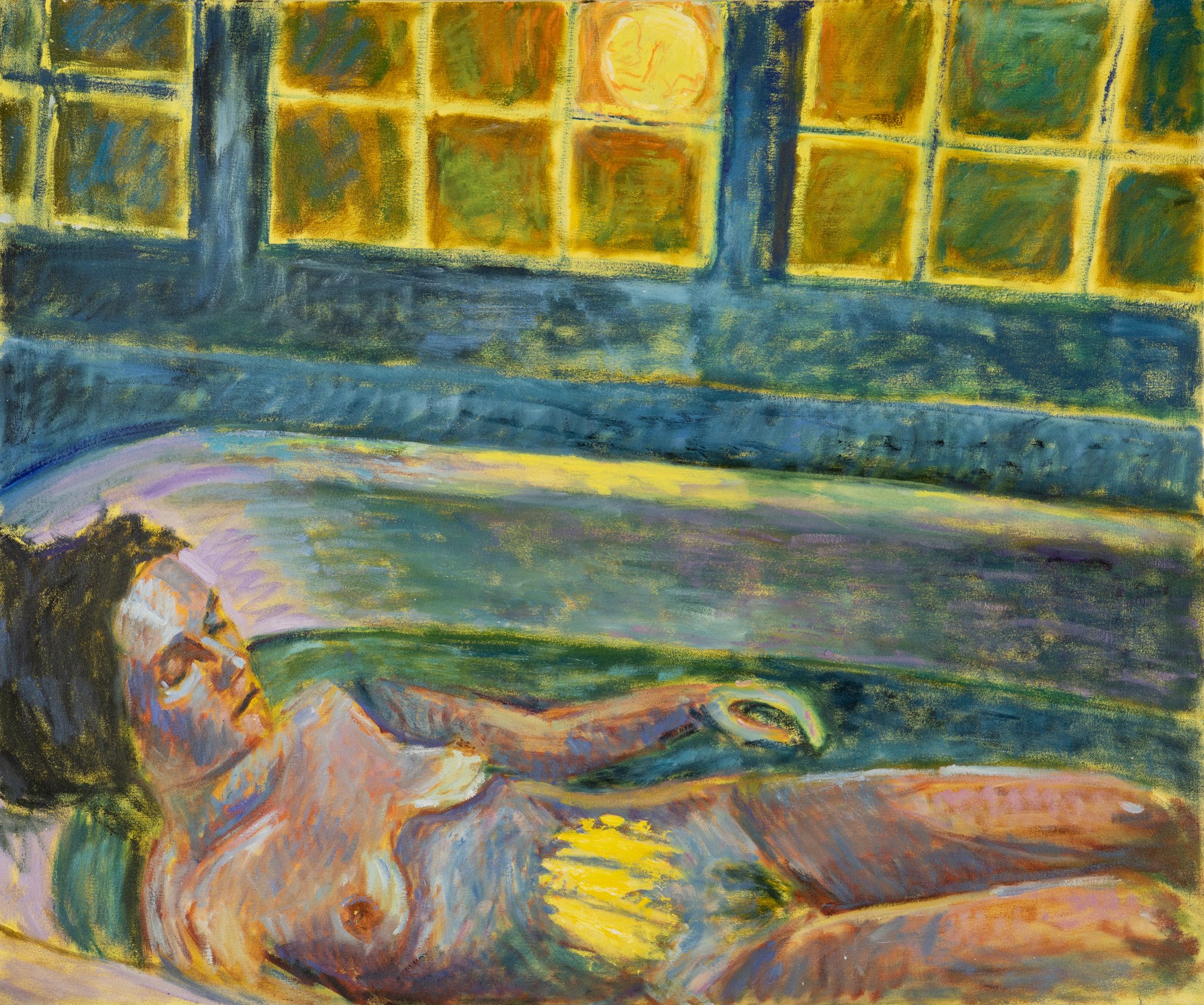 The moon rides through blue seas alone, 2026, Oil on canvas, 30" x 36" 