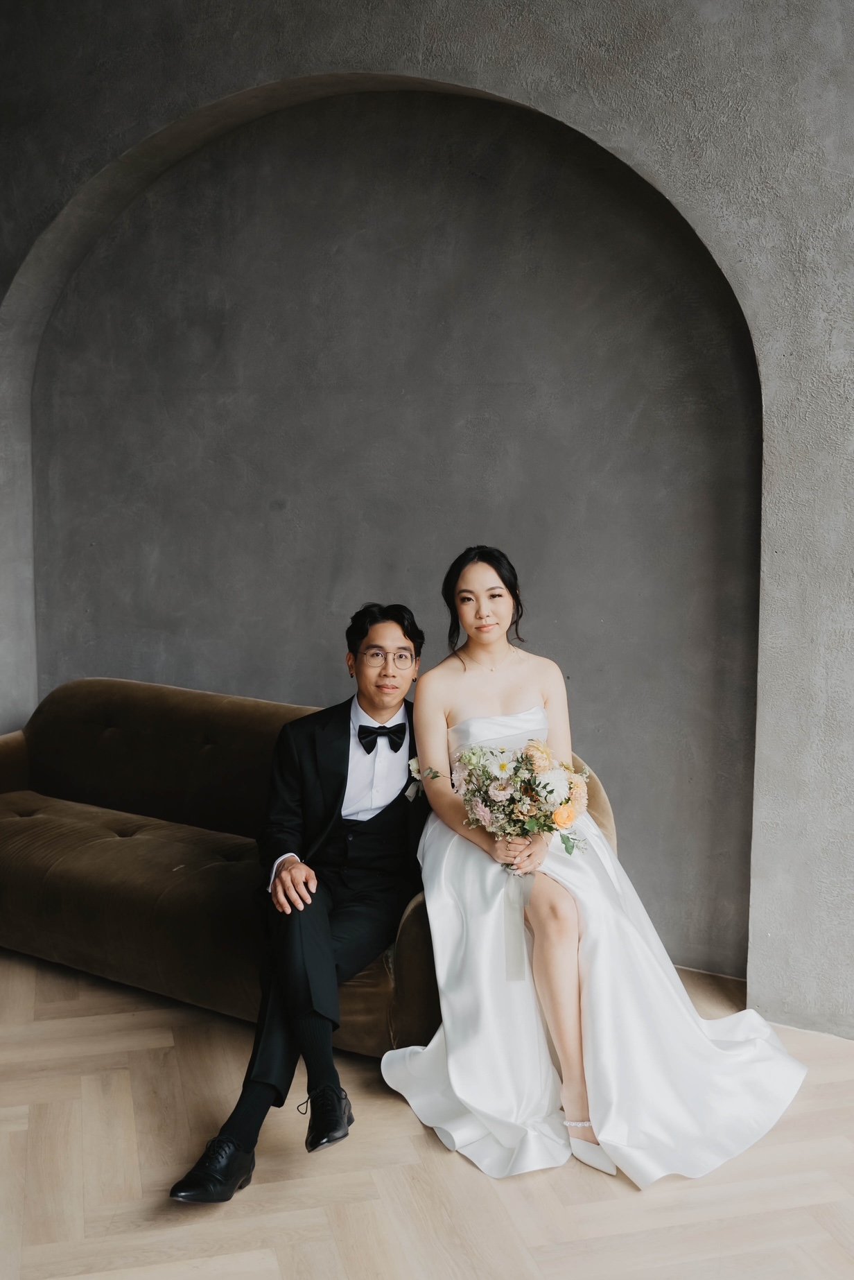 Elegant bespoke florals with, dahlias blush peonies and soft greenery, created by a wedding florist in Pickering.