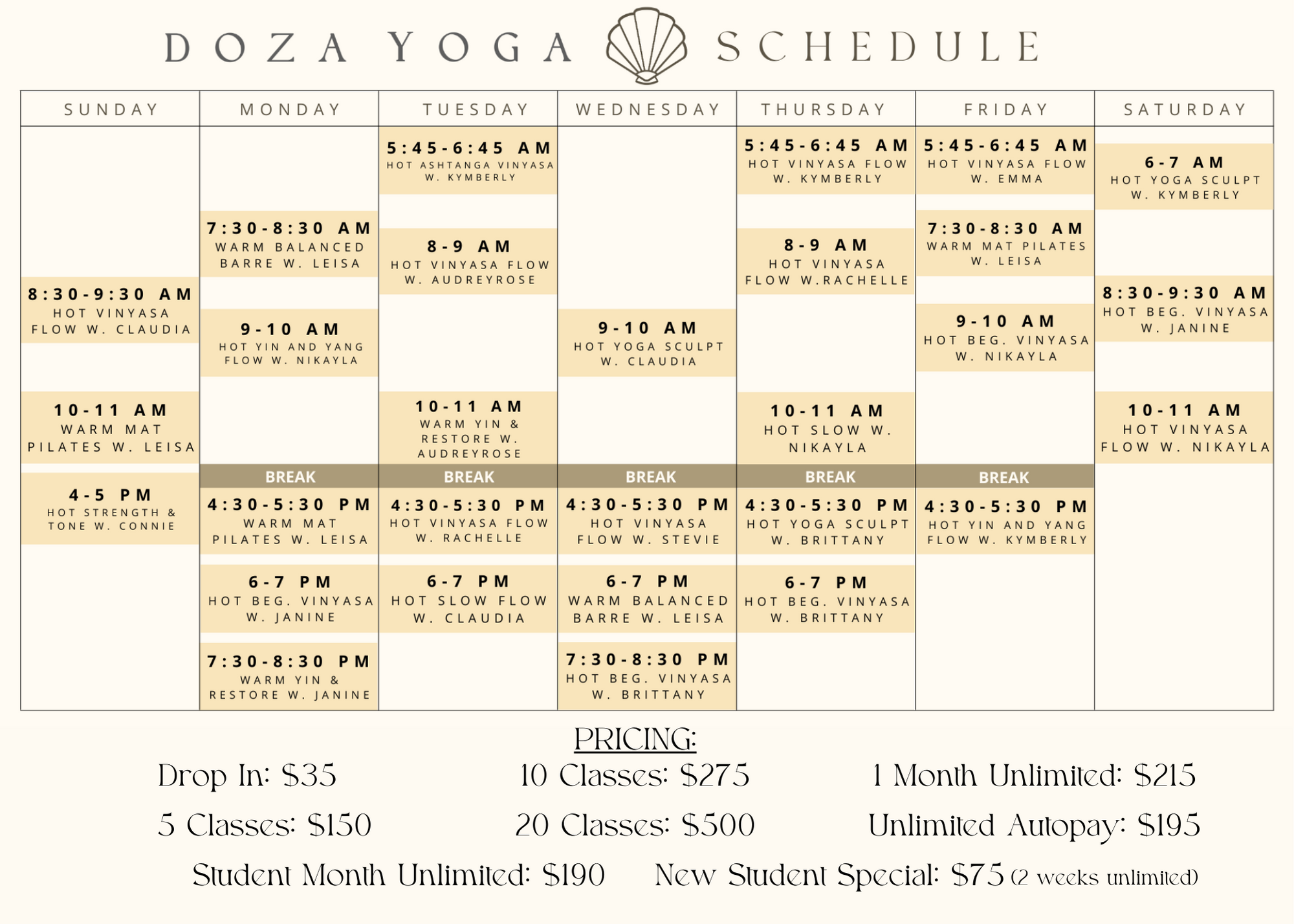 Schedule + Booking — DOZA YOGA