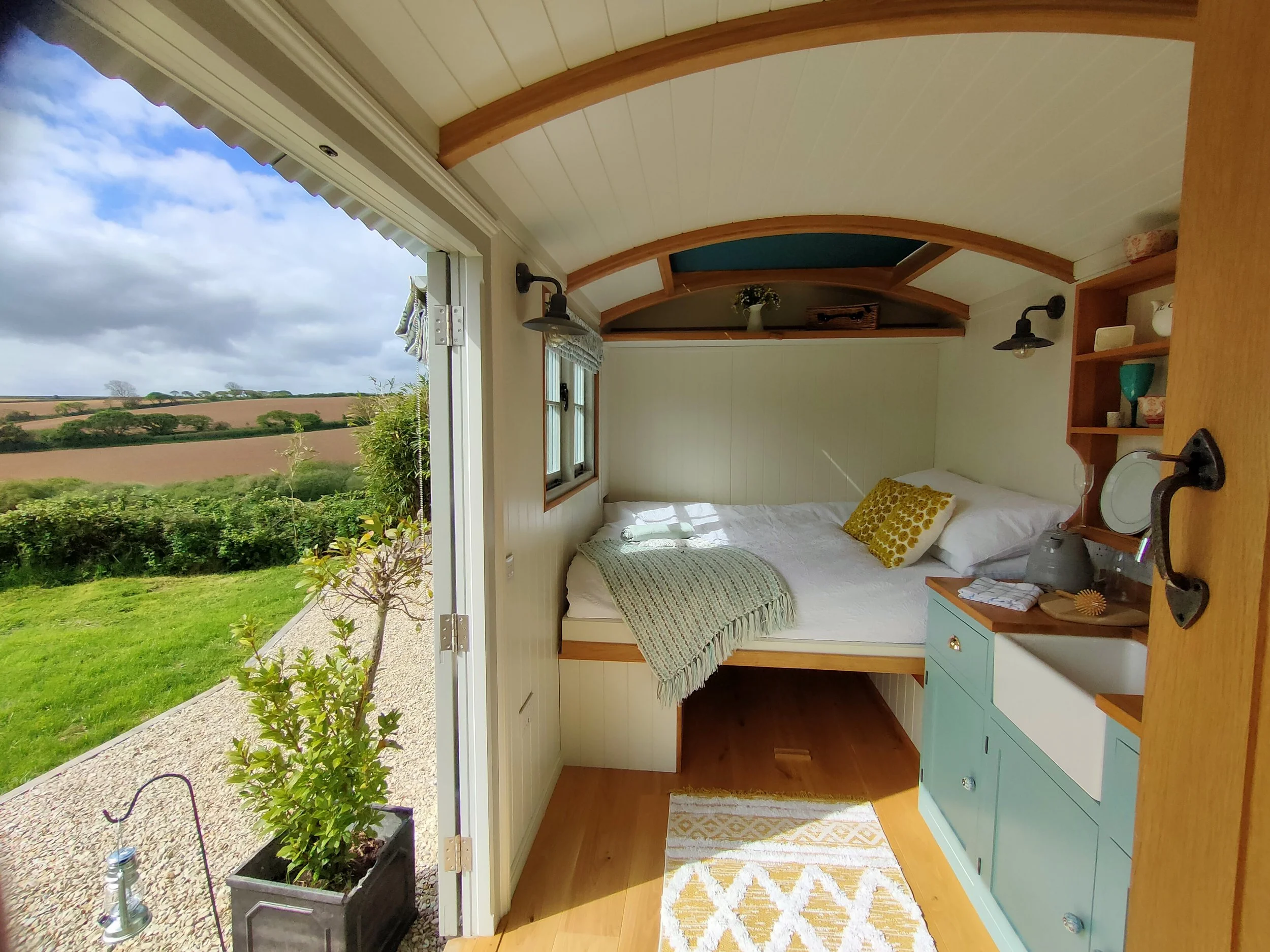 Stargazey at Holiday in a hand built quality shepherd hut located at Moonshadow Luxury Shepherd Huts in Cornwall