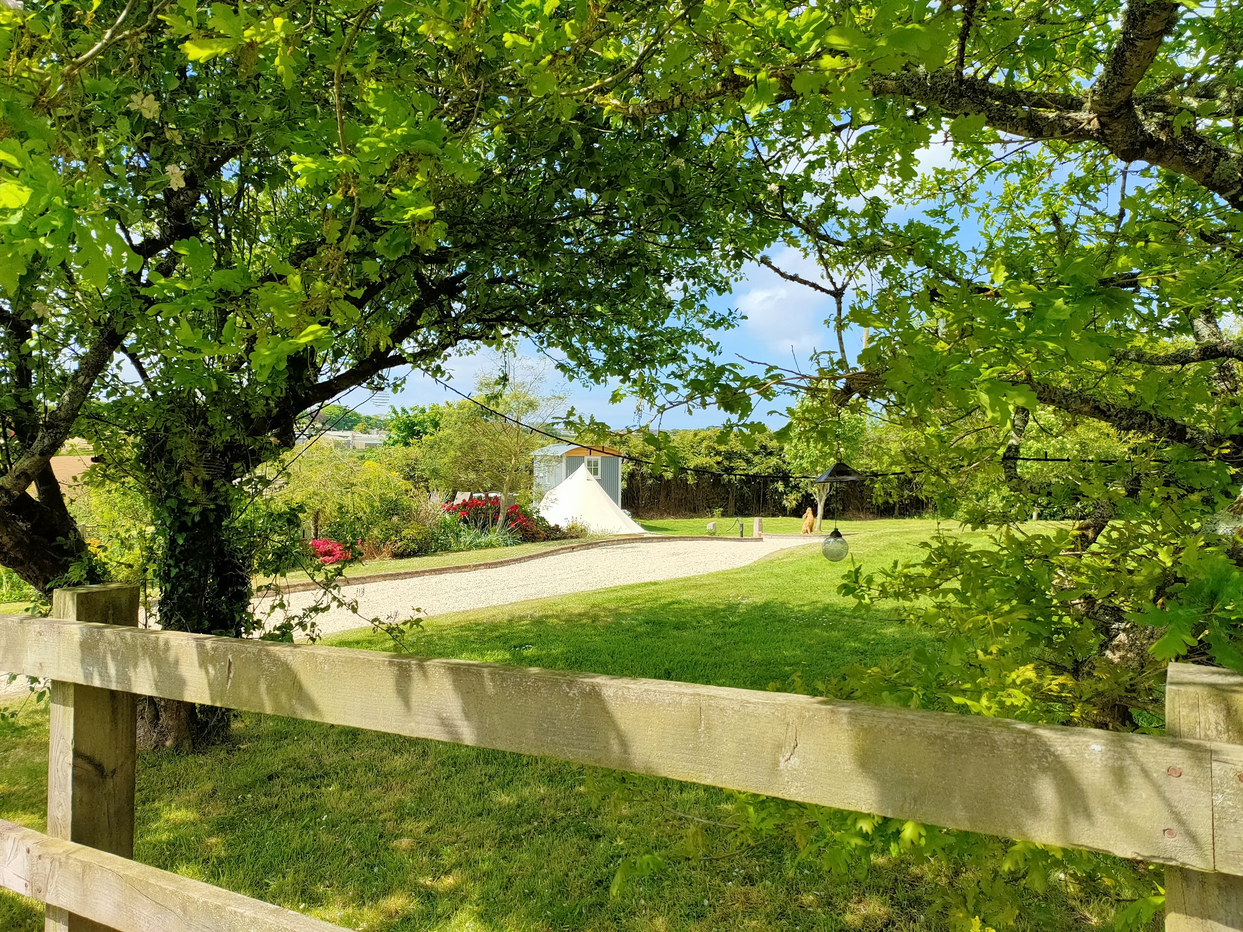 View towards Stargazey at Moonshadow Luxury Shepherd Huts in Cornwall