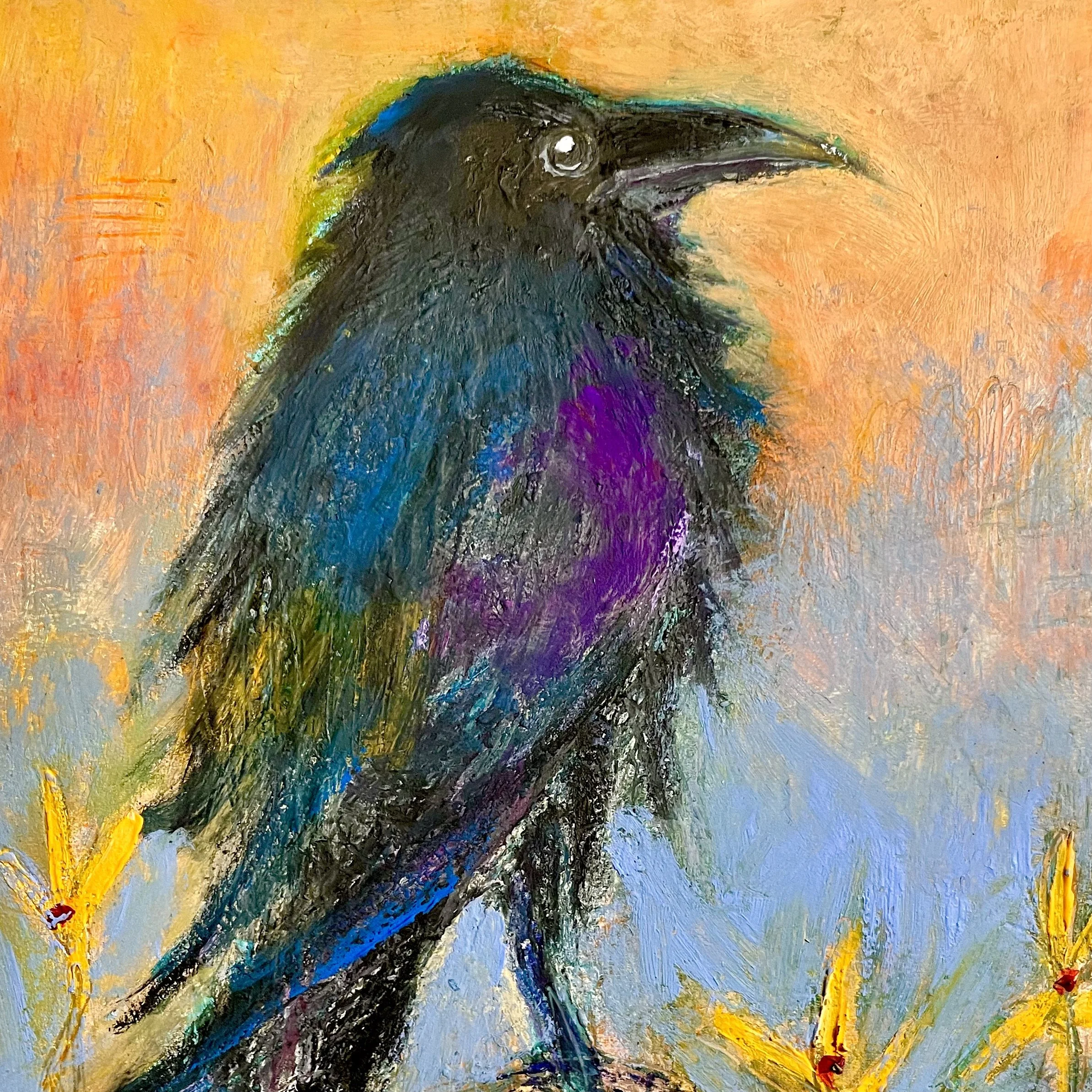 A colorful abstract painting of a bird with black, purple, blue, green, and yellow feathers, against a warm orange and blue background.