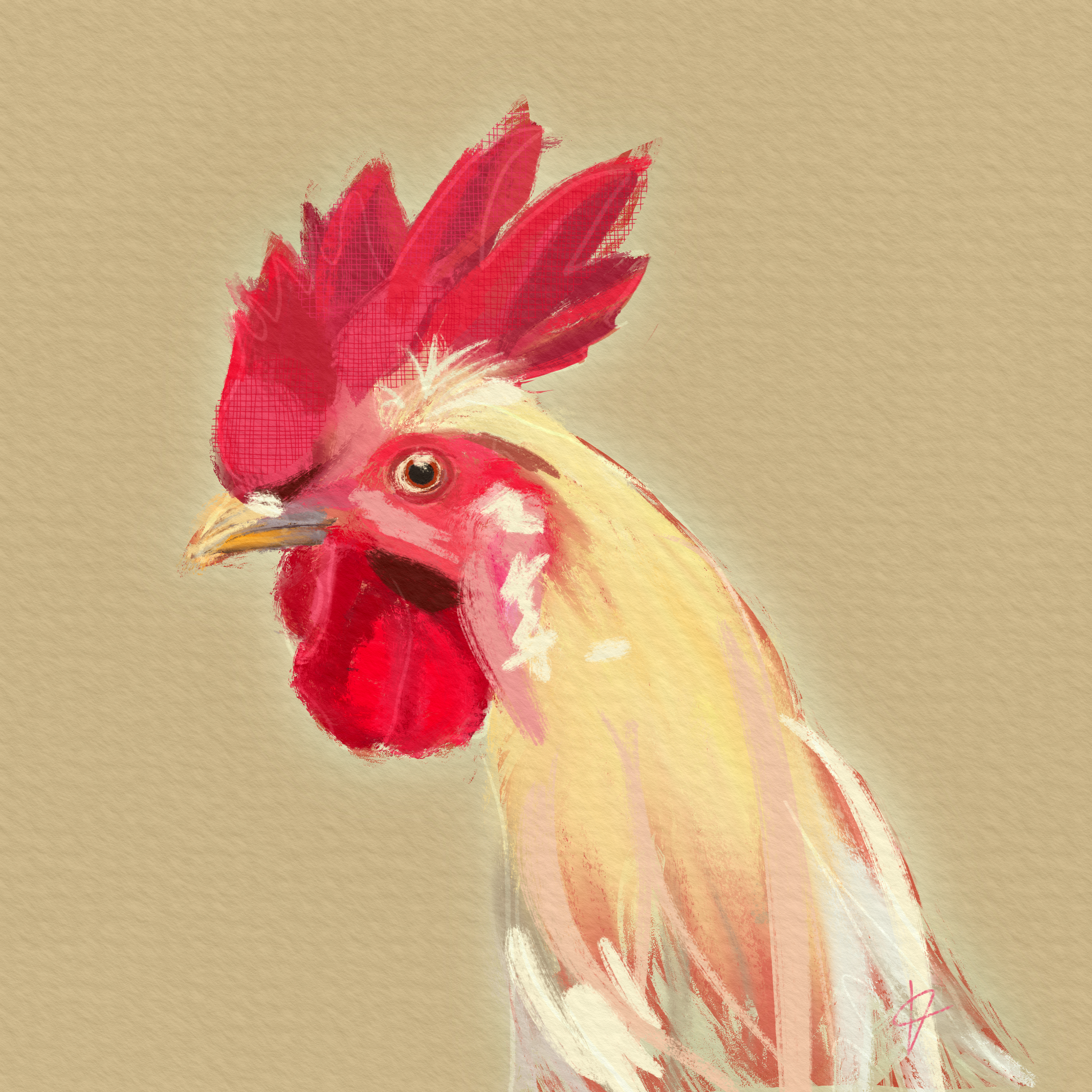Digital painting of a rooster with red comb and wattles, yellow and white feathers, on a beige background.