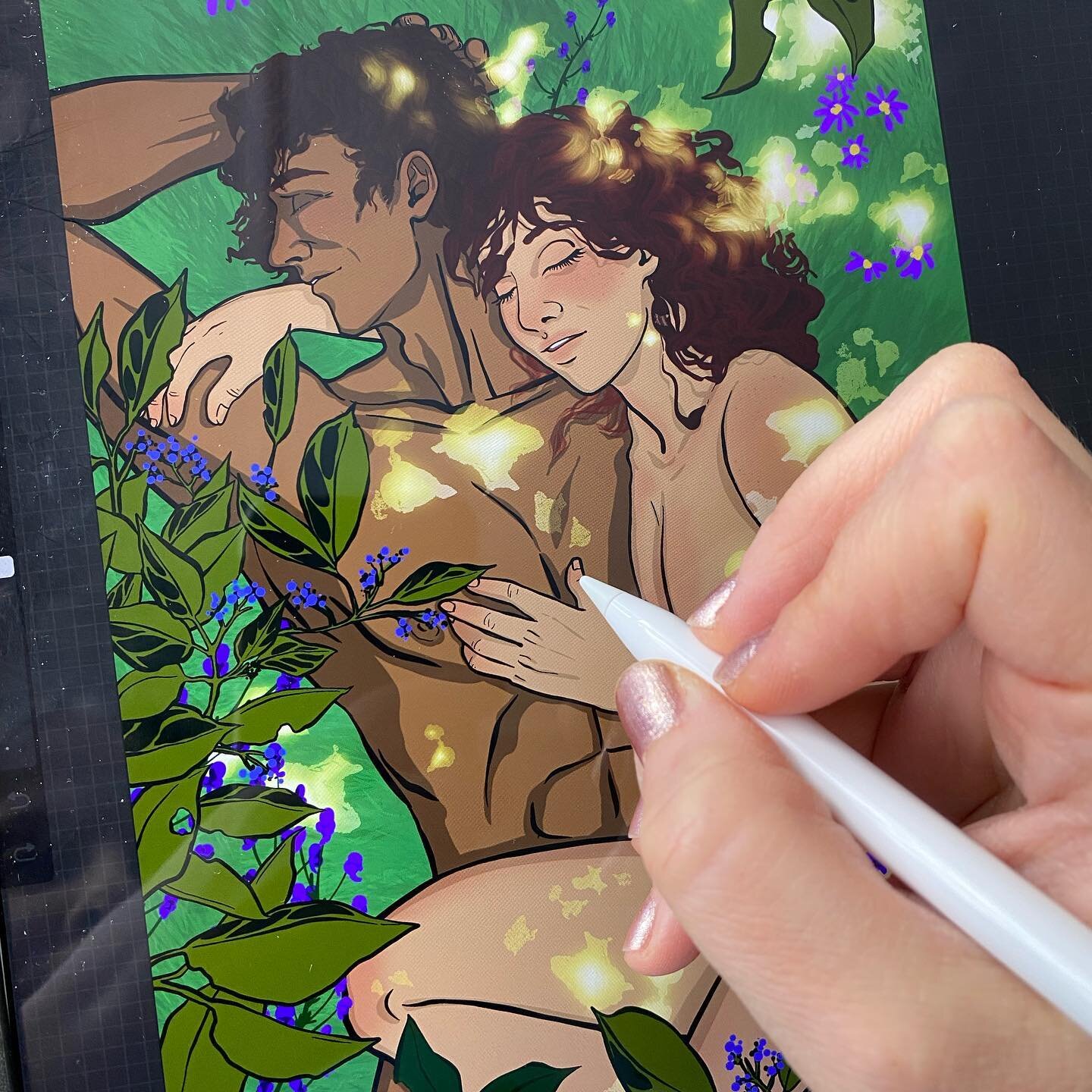 Working on a new version of #TheLovers tarot card.  Possibly one of many, we will see.  I&rsquo;d like to avoid heteronormativity in my deck, so maybe I&rsquo;ll do 1 or 2 alternatives&hellip;.? 
Decided to tastefully cover up the saucy bits, in case