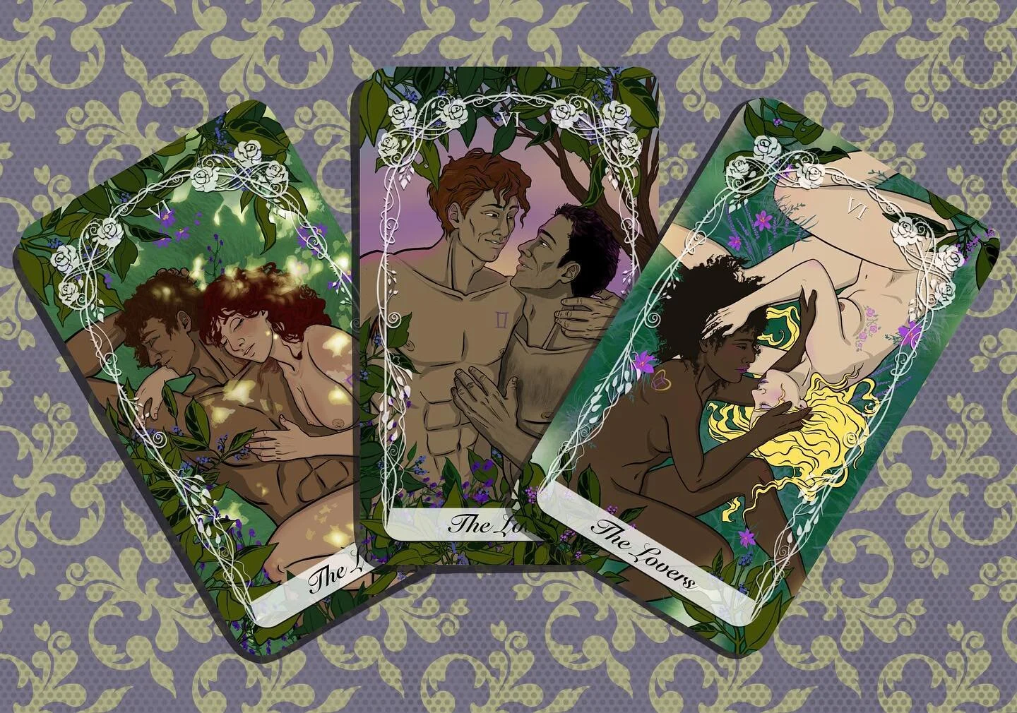 3 Lovers cards, for my upcoming tarot deck. 💙💜💗 #tarot #tarotcards #climbingrosetarot #tarotreadersofinstagram #tarotcommunity #tarotreading #tarotdeck #tarotdecks #tarotlover #tarotlove #indietarot #indietarotdeck #indietarotdecks #indie #digital