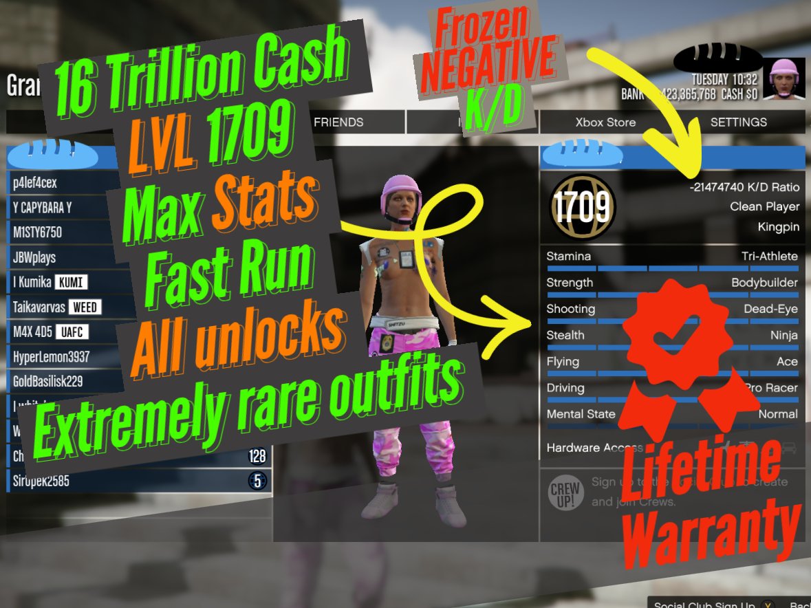 XBOX ONE] GTA V FEMALE MODDED ACCOUNT] WITH 16.6 TRILLION CASH IN GTA V  BANK] ACCOUNT LEVEL 1709] 19 RARE MODDED OUTFITS] FAST RUN] WITH MODDED KD