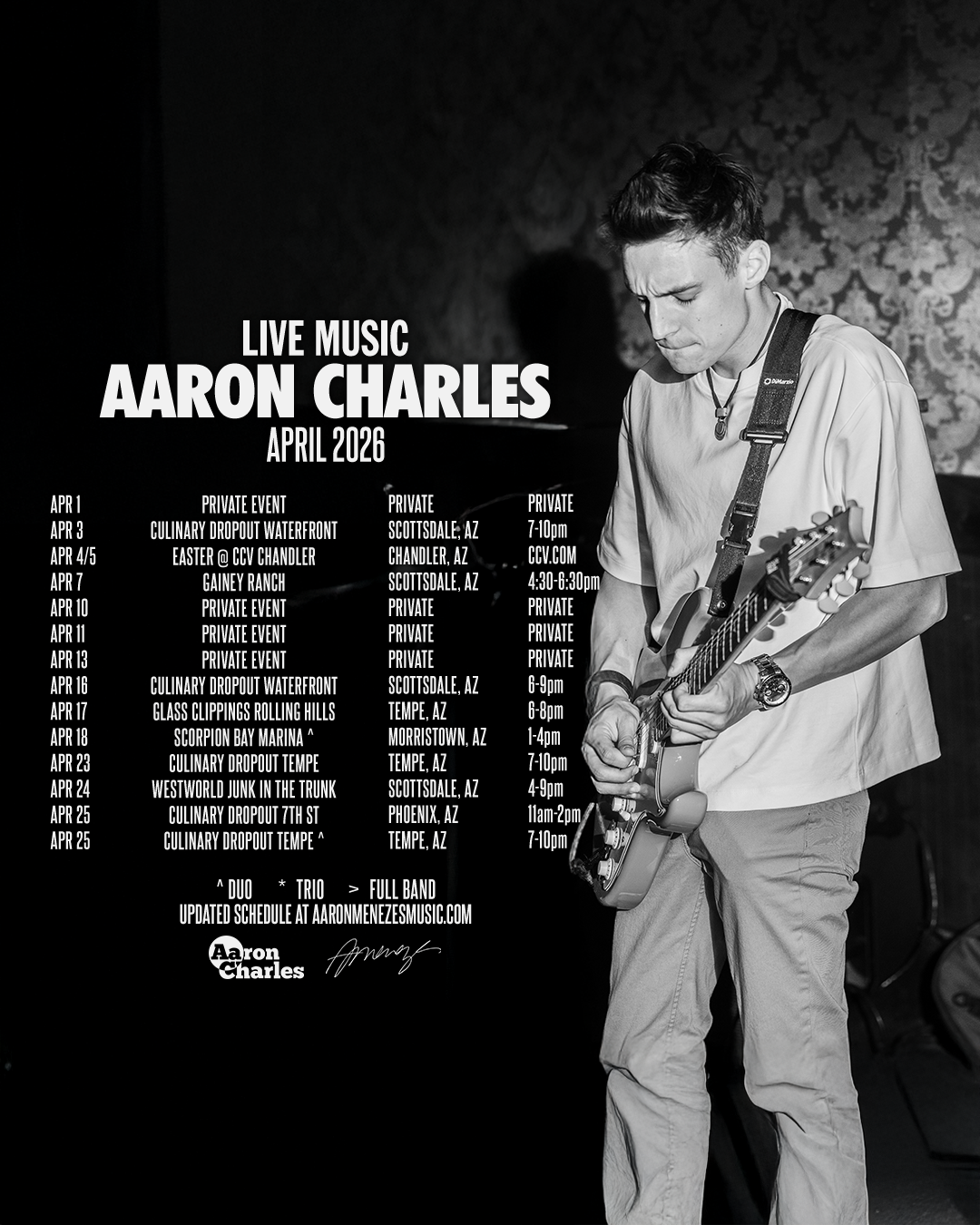 Black and white promotional poster for live music performances by Aaron Charles in April 2026, featuring a young man playing an electric guitar.