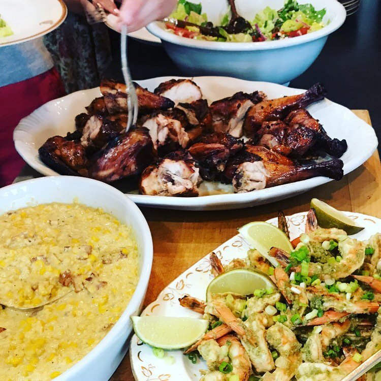 Classic Caesar salad, smoked bourbon chicken, creamed corn with bacon &amp; blue cheese, ginger-jalape&ntilde;o shrimp. BBQ season is here! #yegevents #yegcatering #creamedcorn #bourbonchicken @cookscountry @cooksillustrated