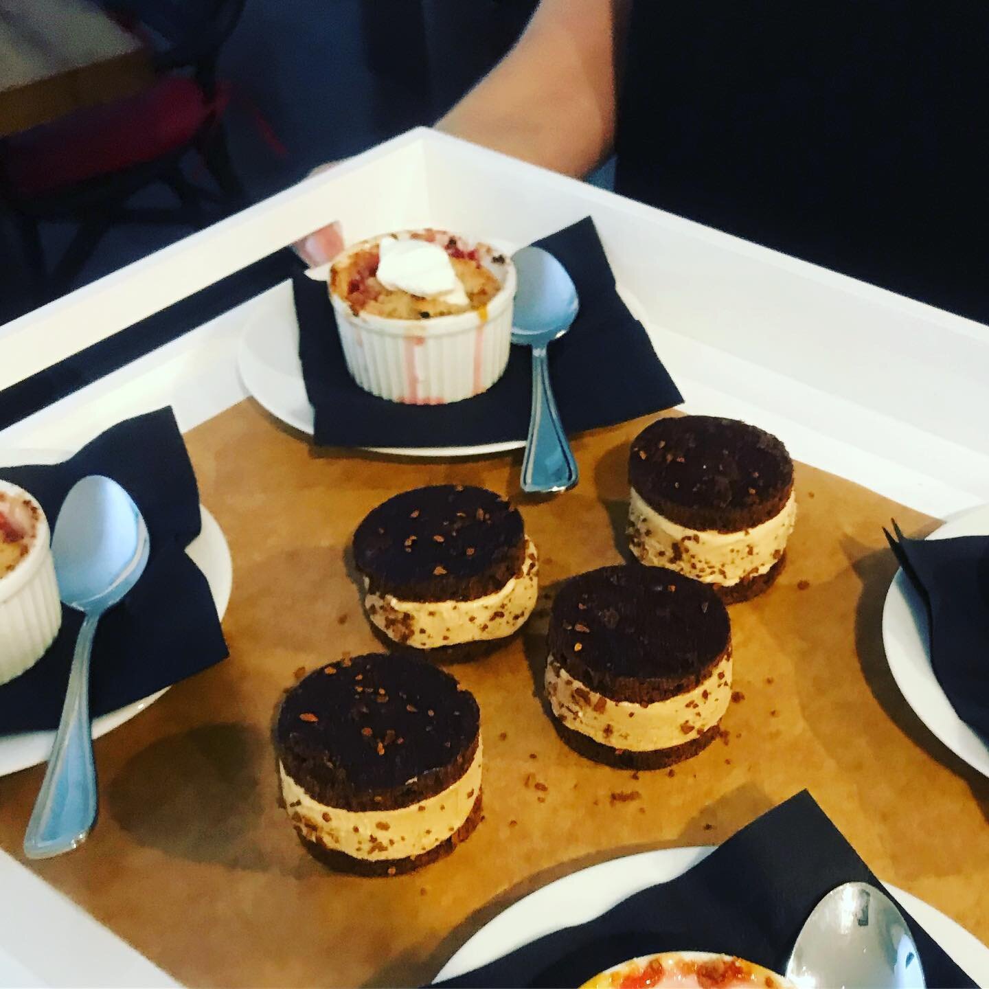 Mini rhubarb-raspberry crisps/ coffee-chocolate ice cream sandwiches #yegfood #summerdesserts #rhubarbcrisp #icecreamsandwich @cooksillustrated