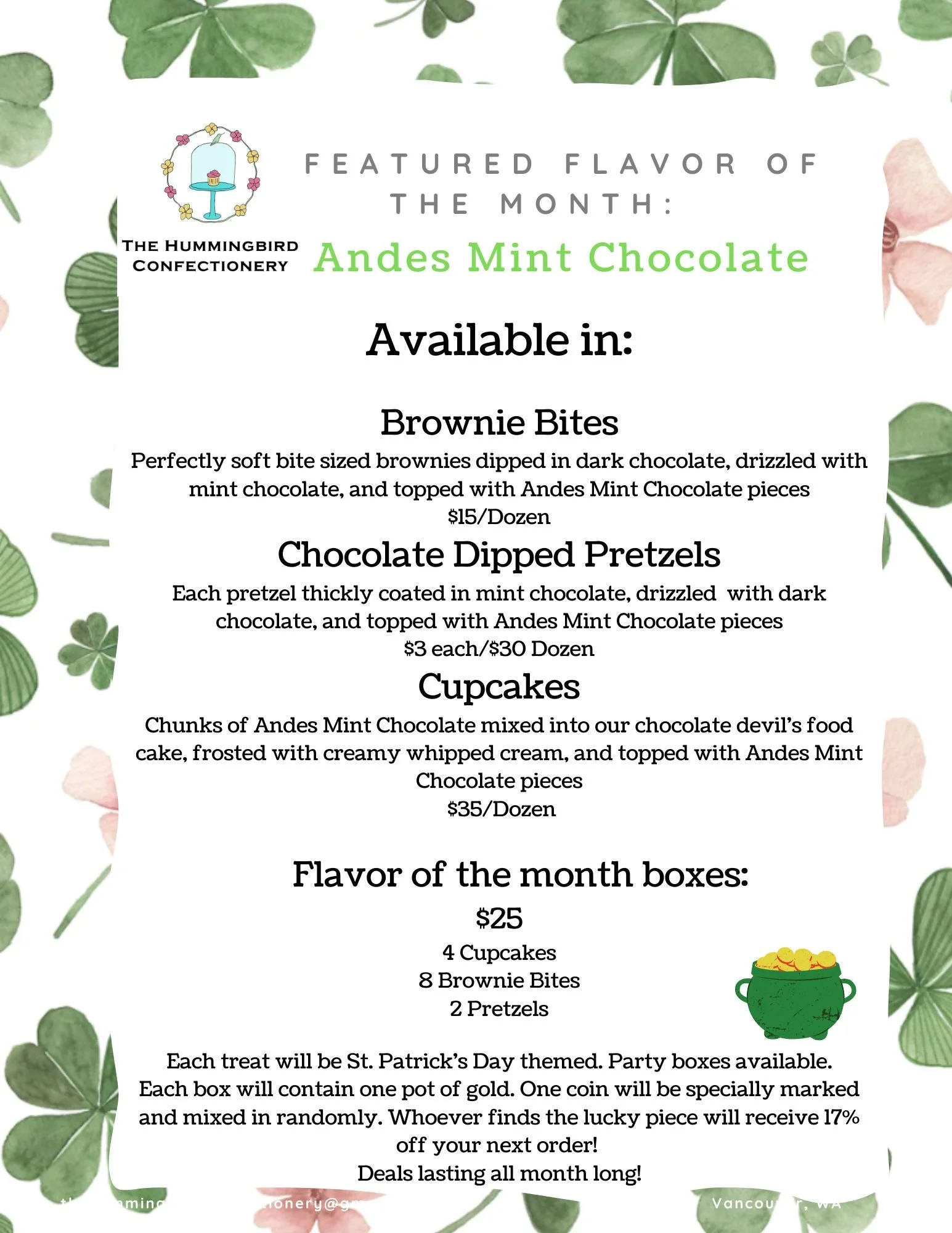 Menu — The Hummingbird Confectionery