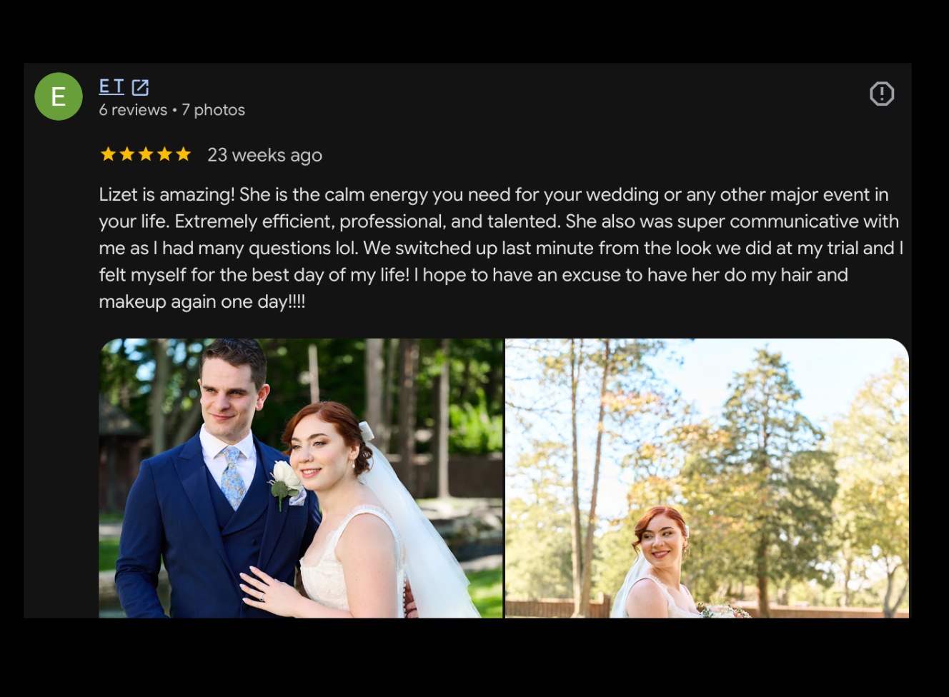 Screenshot of a Google reviews page featuring a review about Lizet, a makeup artist, with two photos of a bride and groom on their wedding day in an outdoor setting with trees.