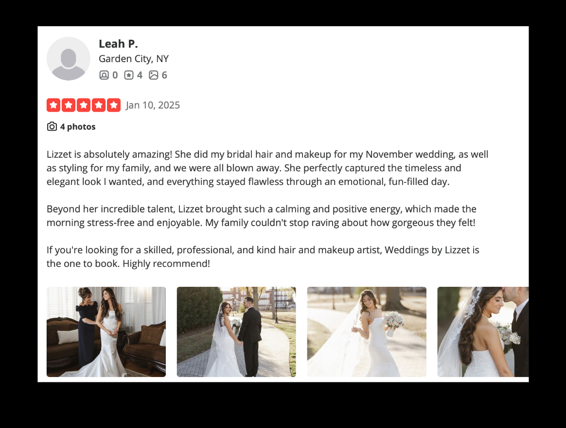 Customer review with four photos of a bride and her wedding day, including a wedding dress fitting, outdoor wedding photos, and a close-up of bride and groom.