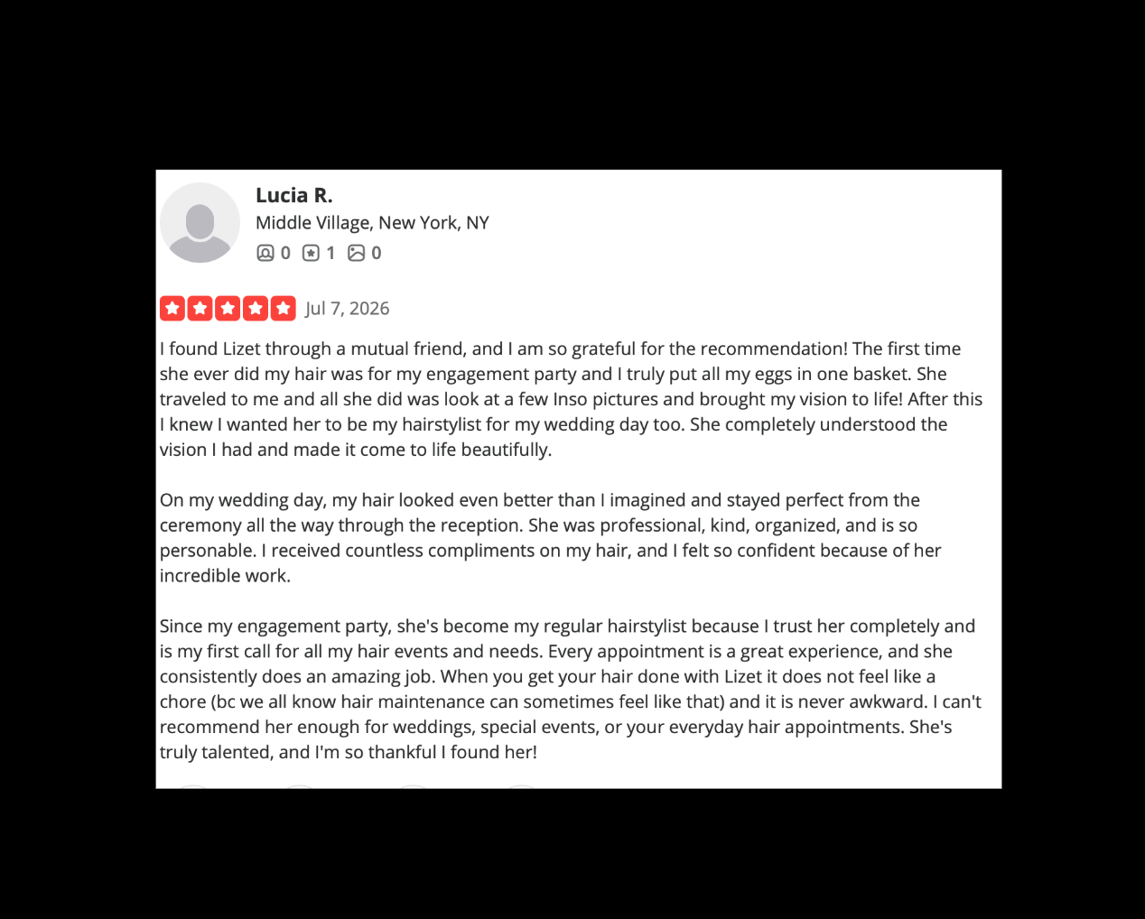 Customer review with five red stars for a hairstylist named Lizet, praising her work for an engagement party and wedding day, highlighting her professionalism, friendliness, and talented hairstyling skills.