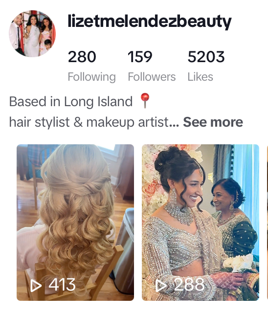 Instagram profile of lizetmelendezbeauty with two videos of women with styled hair and makeup, celebration scene with women in traditional attire.