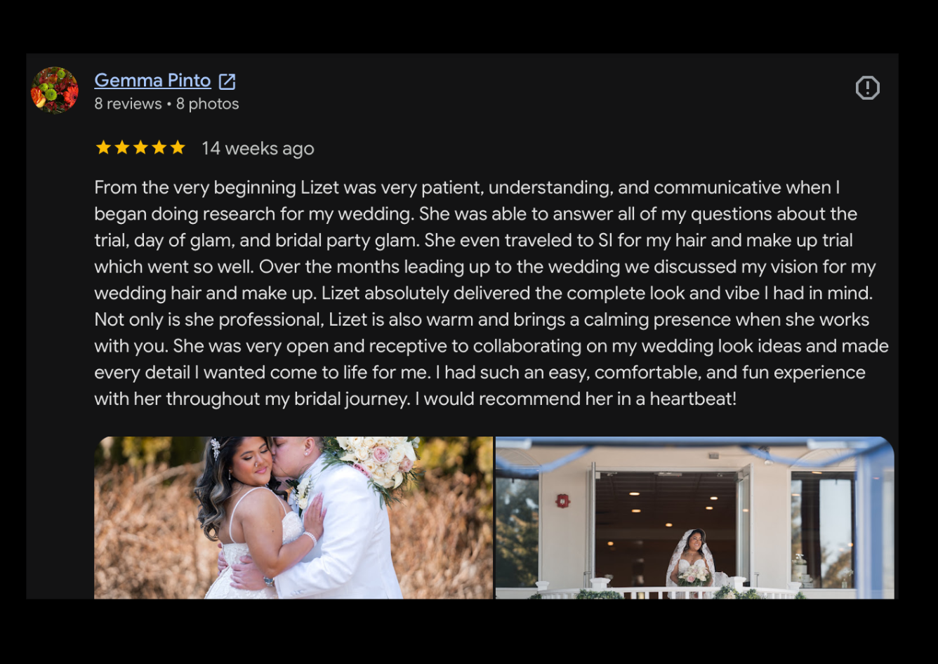 Google review for wedding photographer Gemma Pinto, featuring two wedding photos: one of a bride and groom embracing outdoors, and another of a bride standing on a balcony holding a bouquet.