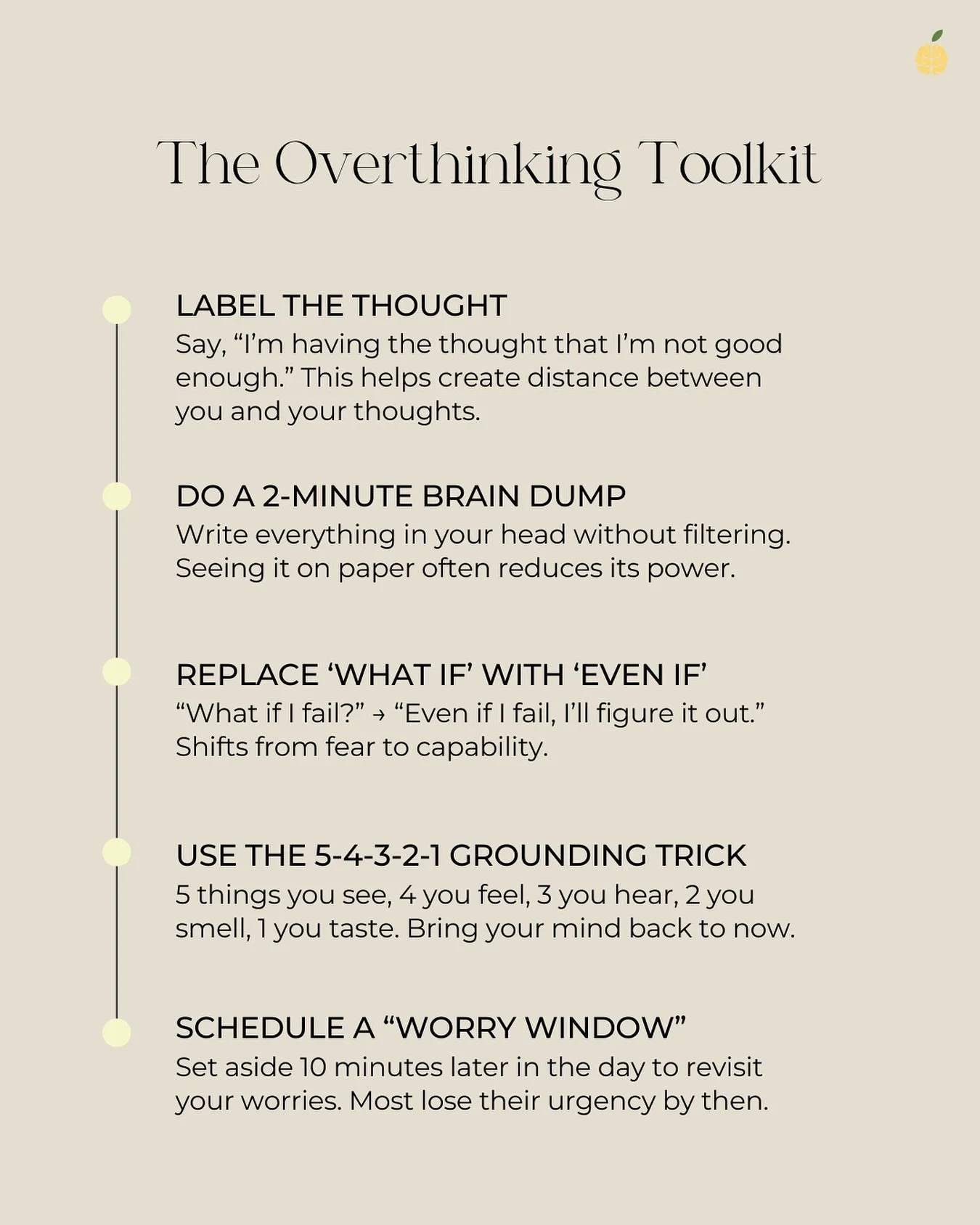 Caught in an overthinking loop? The next time you catch yourself overthinking, try one of these tips to calm your mind and come back to the present! Save this post for when your thoughts start to spiral 💛