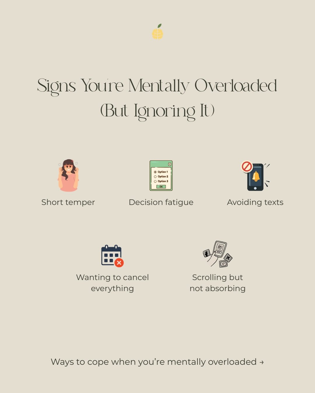 Mental overload doesn&rsquo;t always look obvious. Sometimes it&rsquo;s irritability, decision fatigue, avoiding texts, or wanting to cancel everything. Swipe for a few ways to cope when your capacity feels low! 💛
