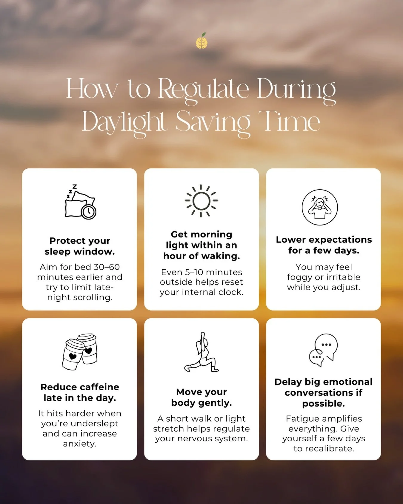 Feeling more tired, foggy, or irritable this week? Daylight Saving Time can disrupt your sleep and routine more than you think! Here are a few simple ways to help your body adjust ☀️