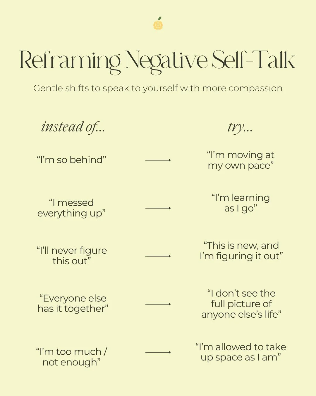The way you talk to yourself matters more than you think. You don&rsquo;t have to force positive thoughts, but you can start by softening them 💛 Save this for the next time you catch yourself talking negatively to yourself.