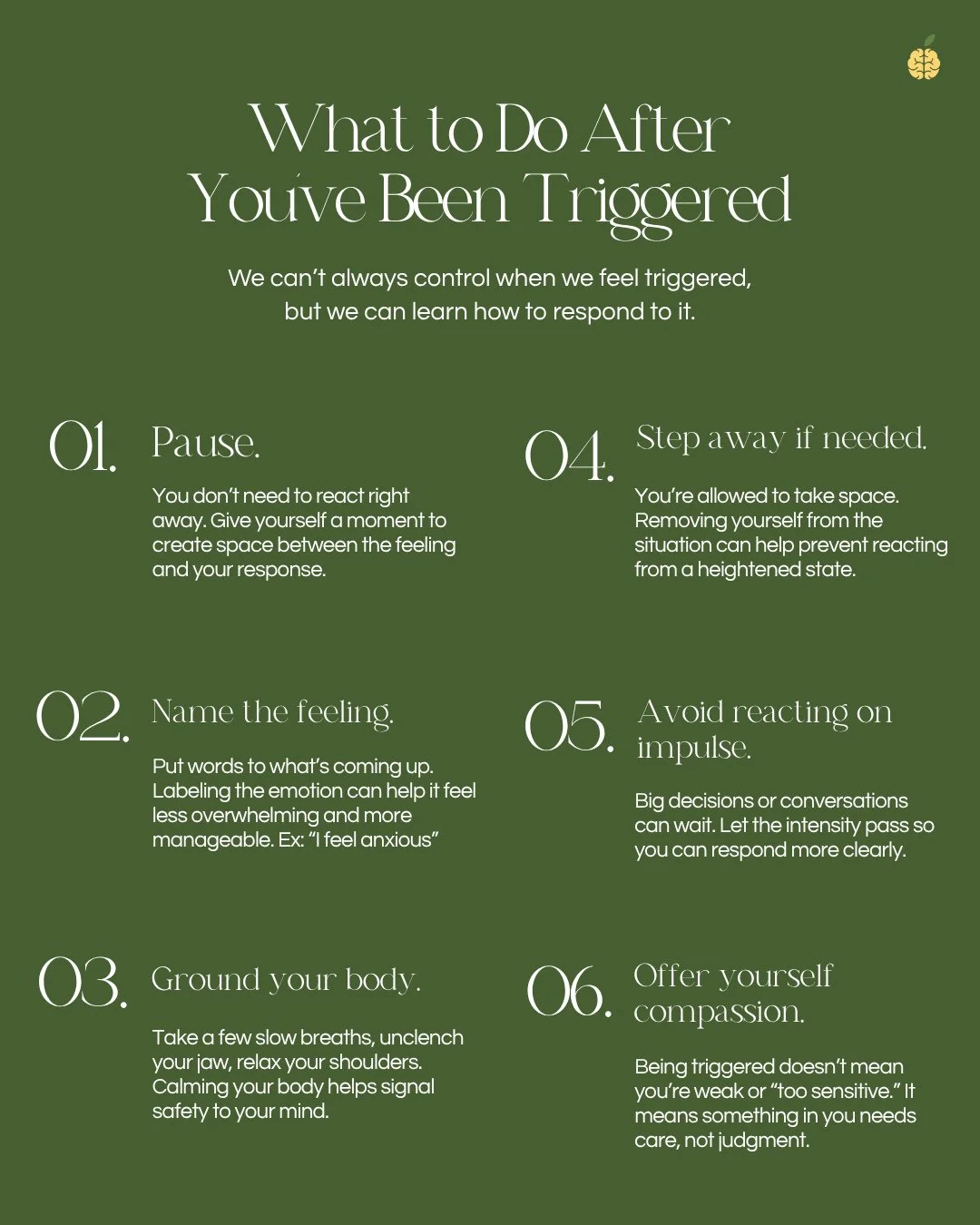 Being triggered doesn&rsquo;t mean you&rsquo;ve gone backwards, it means something in you needs attention. We can't always control when we feel triggered, here are a few ways to take care of yourself in those moments 💛