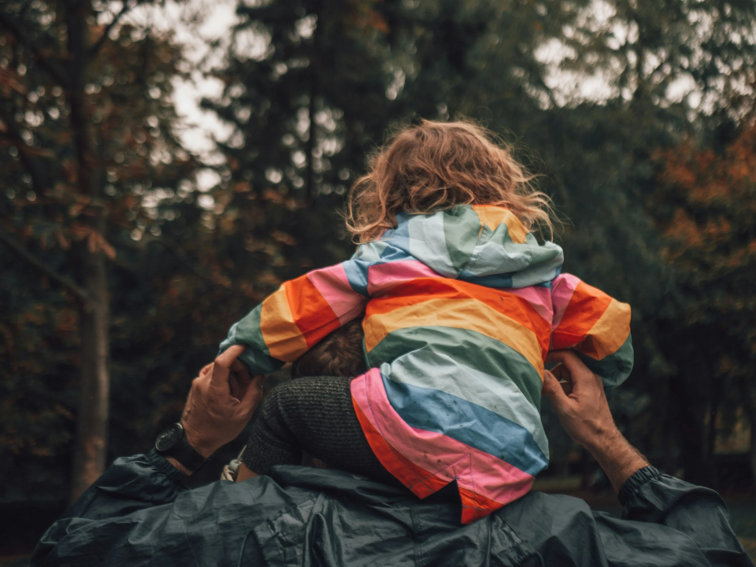 Person holding a child on their shoulders in a forest with trees in the background.