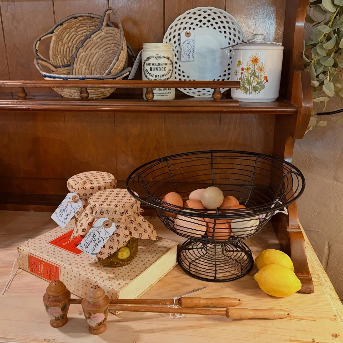 🧺 Cottage Pantry
A little collection of vintage cottage finds and homemade pantry favorites from our century-old cottage.

1 Salty &amp; Peppy vintage wood shakers painted with handles, Japan &mdash; $38

2 Vintage French pedestal wire gathering bas