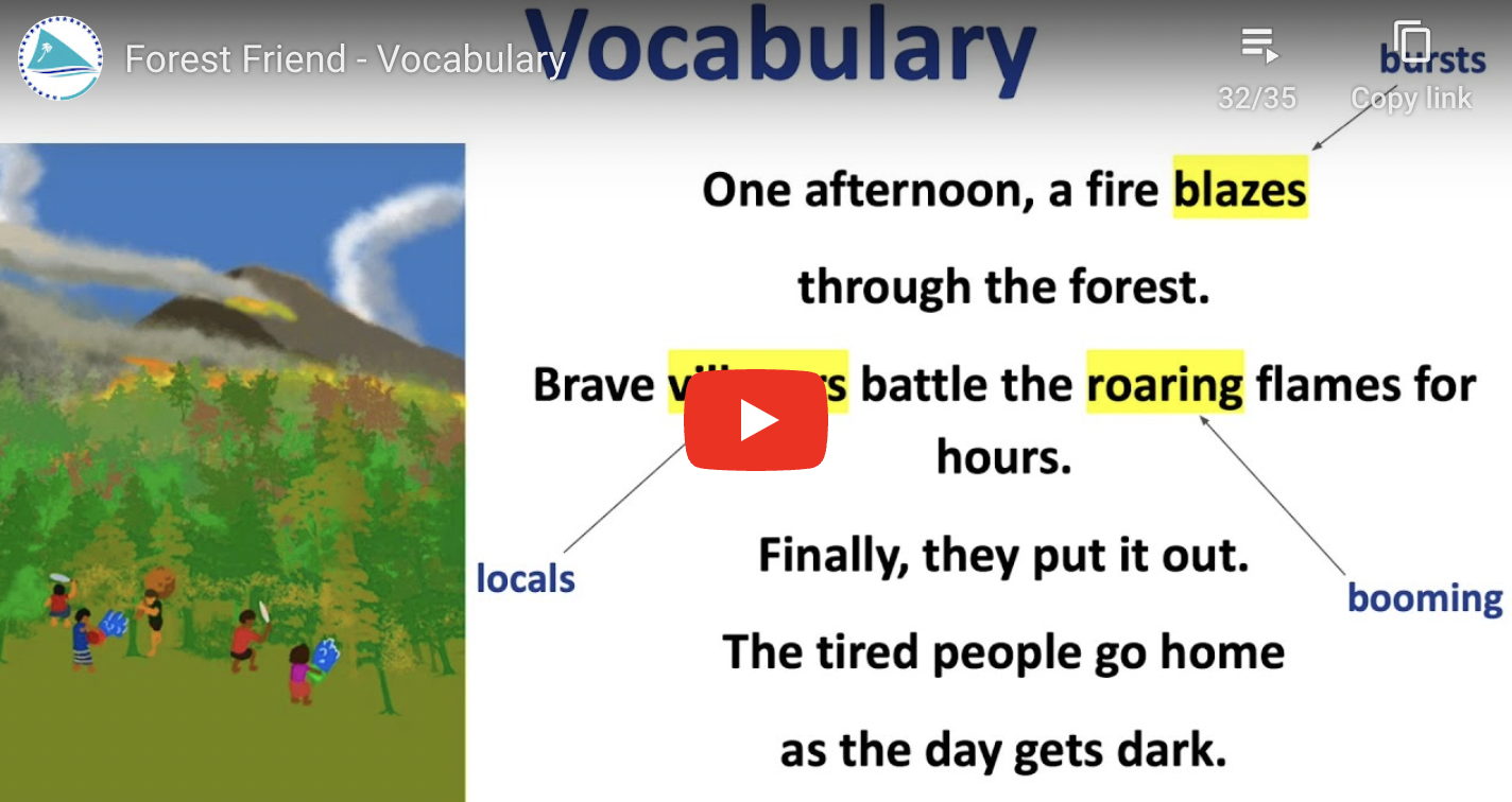 Illustration of villagers fighting a forest fire with labeled vocabulary words such as "blazes," "villagers," and "roaring." Text describes how the fire is extinguished by locals. The image includes a YouTube play button overlay.