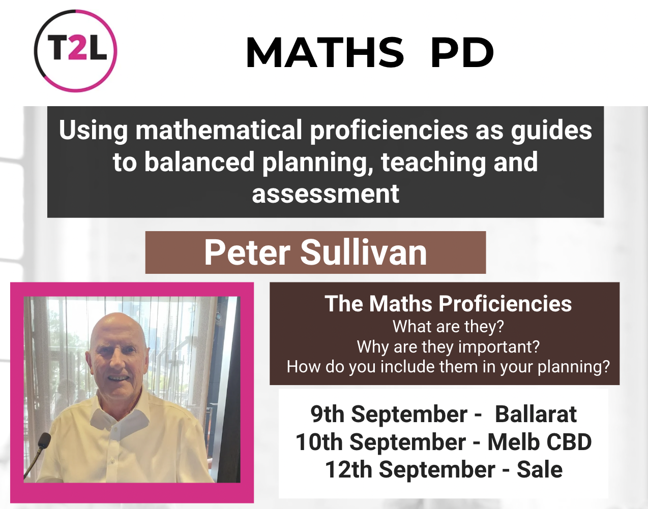 Promotional flyer for a math proficiency event featuring Peter Sullivan, with dates and locations in Ballarat and Melb CBD, including a photo of Peter Sullivan in a yellow shirt and text about using math skills for planning, teaching, and assessment.