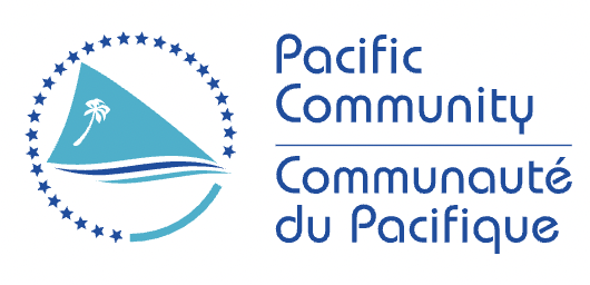 Pacific Community logo with a stylized sail and palm tree design, surrounded by stars, next to the text "Pacific Community / Communauté du Pacifique."