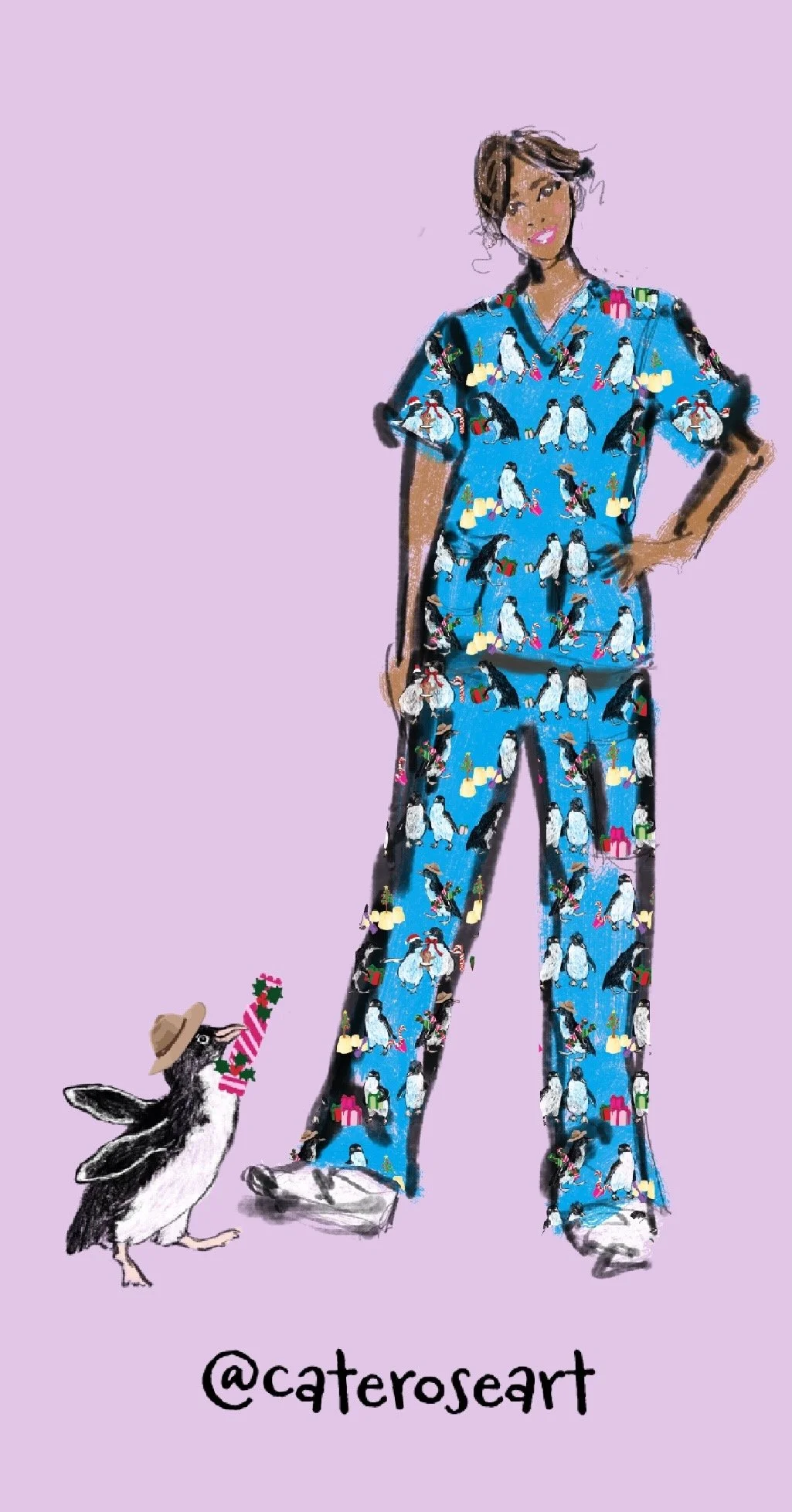 Nurse modelling her fun Christmas themed scrubs designed by Cate Rose