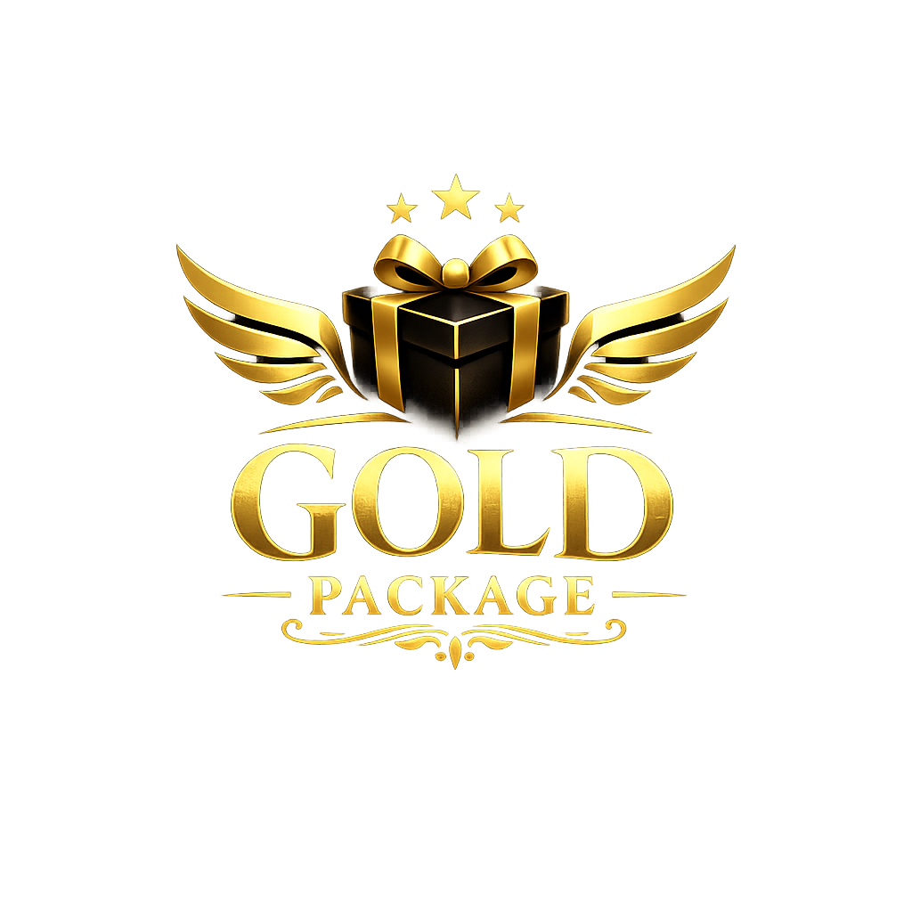 Golden logo with a black gift box and gold ribbon, gold wings, three gold stars above, and the words 'GOLD PACKAGE' in bold gold letters below.