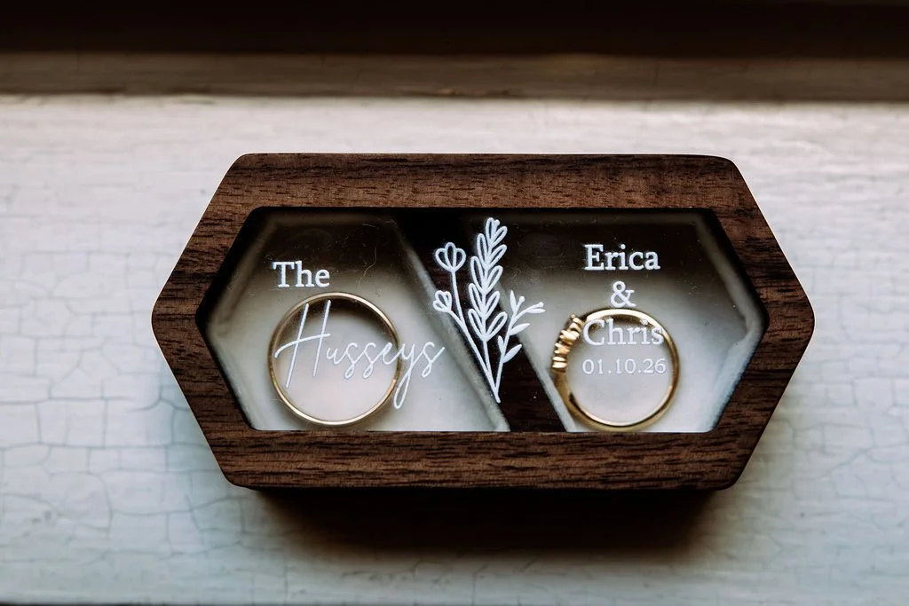 Erica and Chris personalised wedding ring box with their names and wedding date