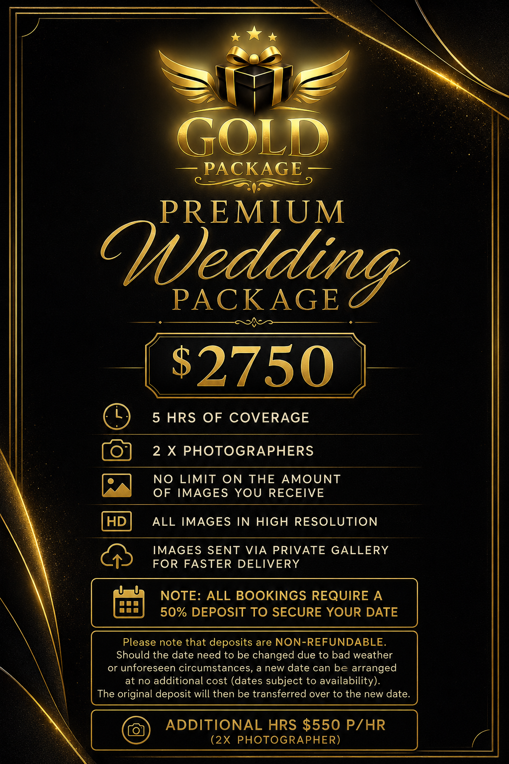 Gold-themed promotional poster for a premium wedding photography package priced at $2750, offering 5 hours of coverage, two photographers, high-resolution images, private gallery delivery, and additional hours at $550 per hour.