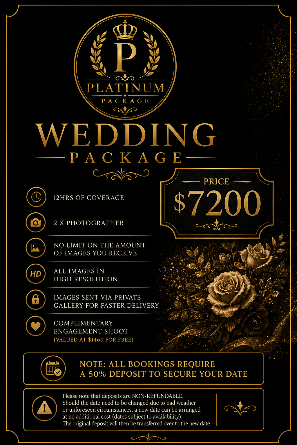 Black and gold wedding photography package advertisement featuring a crown and laurel emblem with a large 'P' at the top. Text details a $200 wedding package for 12 hours with two photographers, no limit on images, high resolution images, private gallery delivery, and a complimentary engagement shoot valued at $1460. Additional booking notes include a 50% deposit requirement and non-refundable policy.