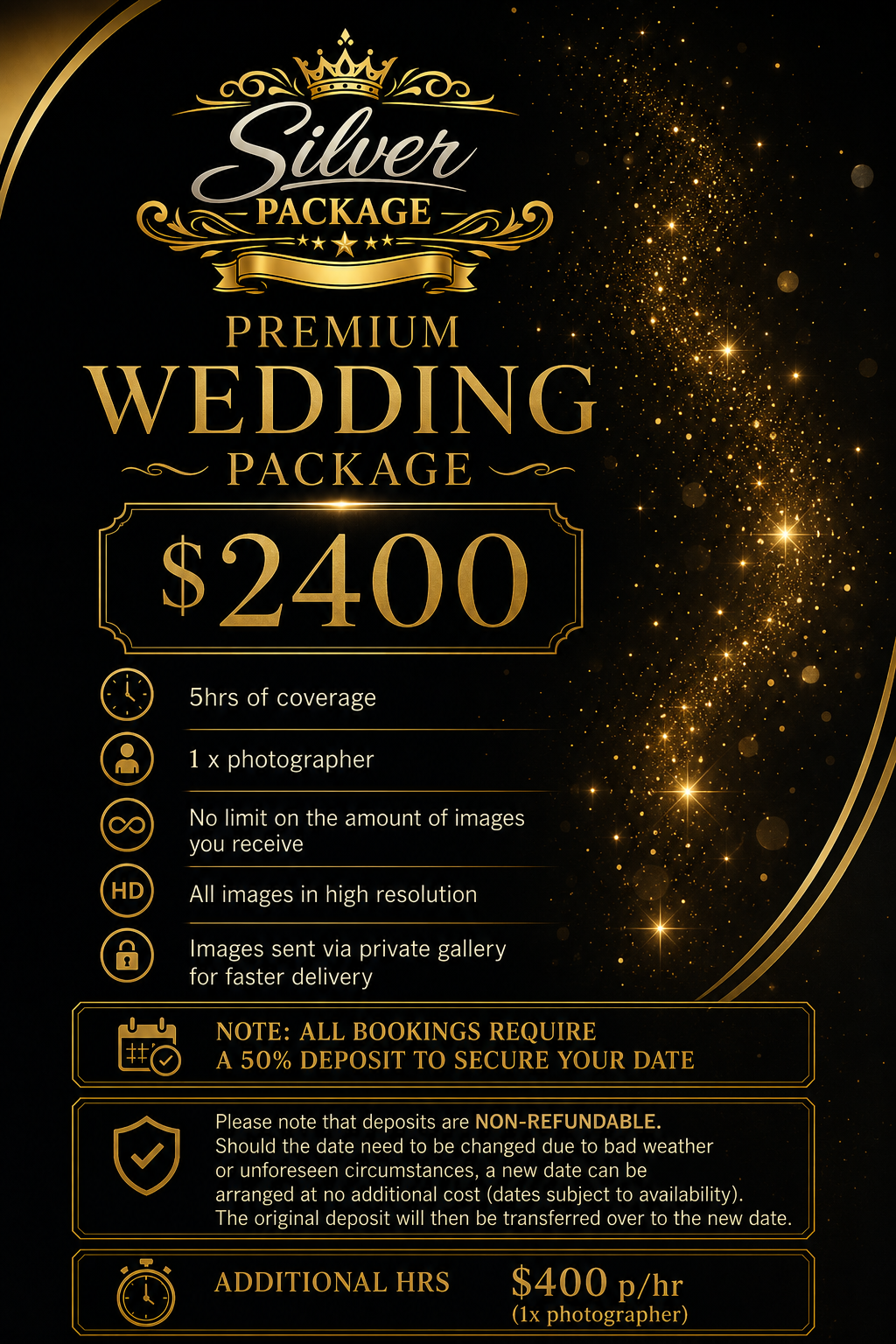 Black and gold wedding photography package advertisement with text and icons detailing package features and pricing.