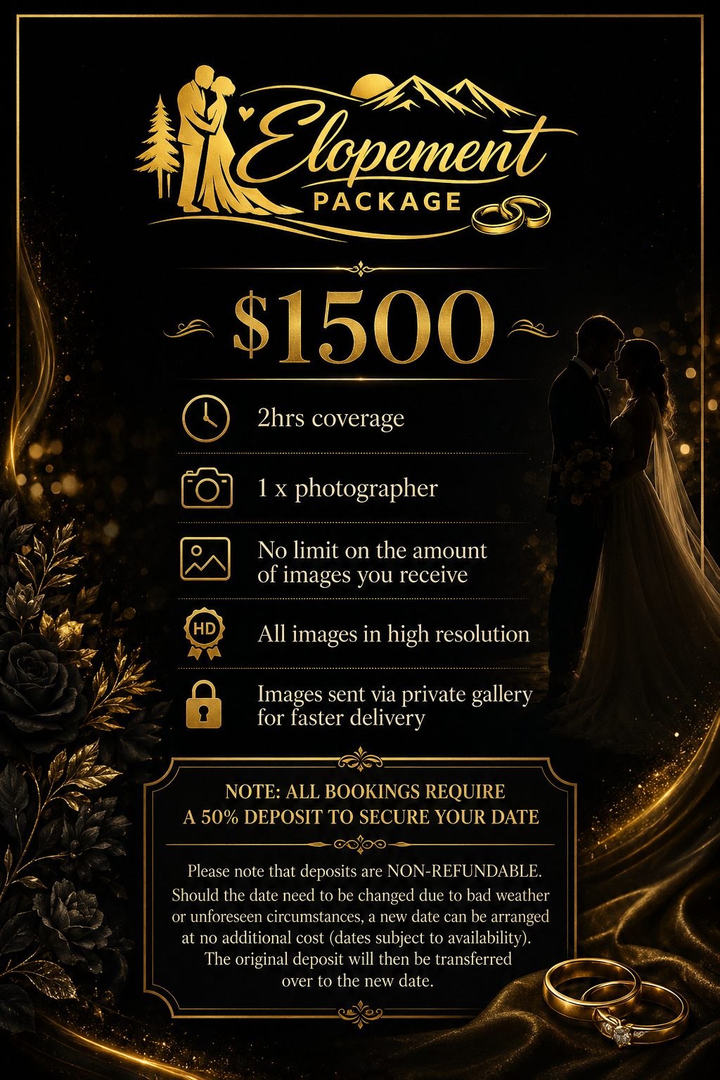 A promotional graphic for an elopement photography package priced at $1500. The package includes 2 hours of coverage, one photographer, unlimited images, high-resolution photos, and private gallery delivery. The design features gold and black colors, mountains, rings, wedding couple silhouettes, and wedding rings.