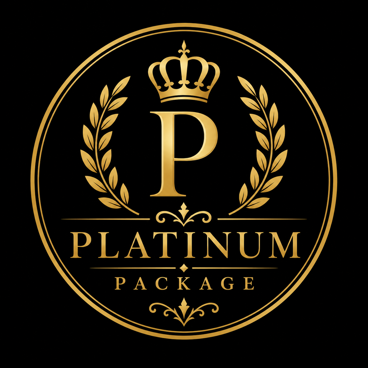 Gold emblem with laurel wreath, crown, and the letter P inside a circle, with the text "Platinum Package" below.