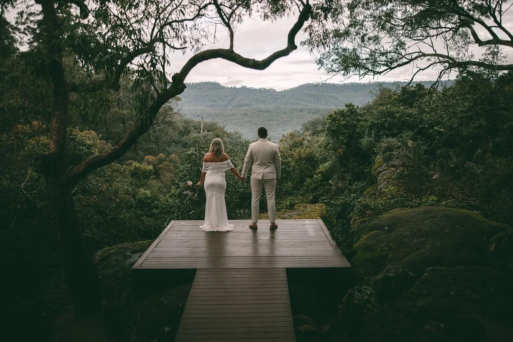 Allysha and Corey standing together overlooking the mountain landscape on their wedding day