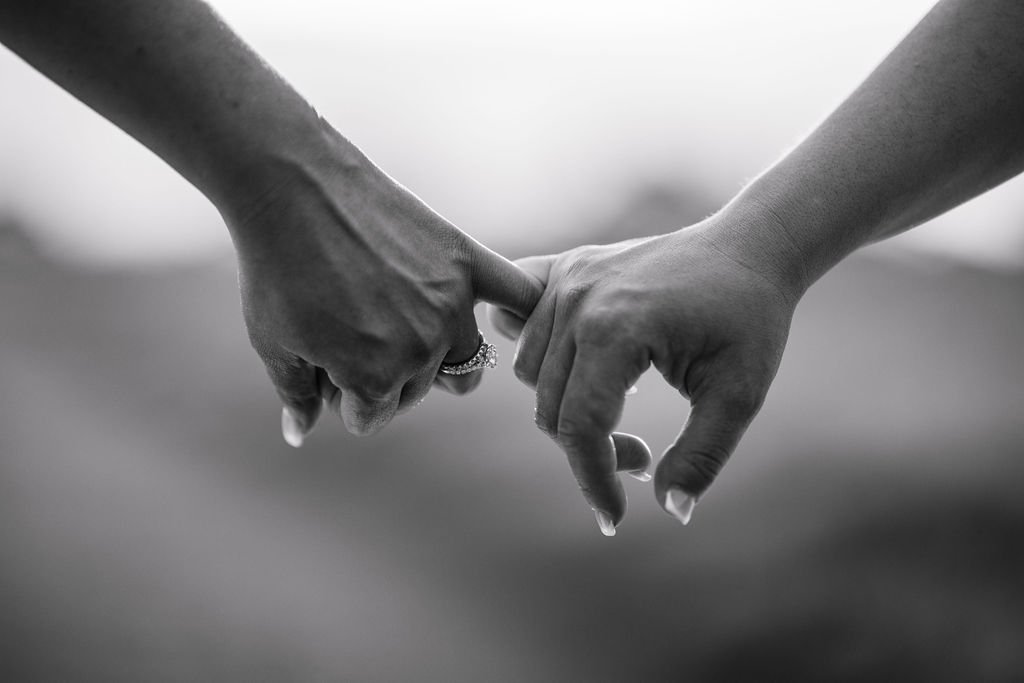 Close-up of Carla and Amie holding hands with their wedding rings visible
