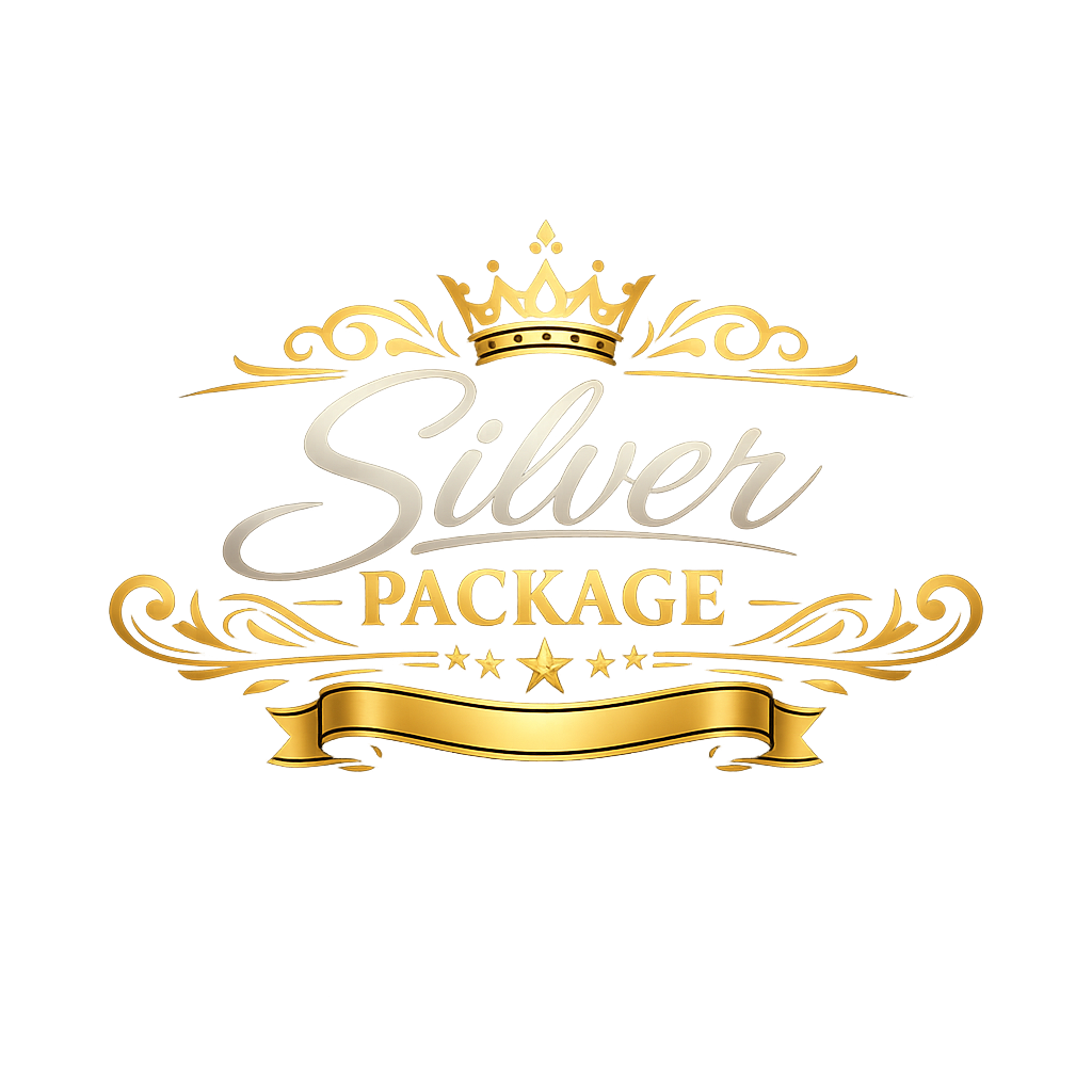 Golden and silver emblem with a crown, the words 'Silver Package,' and decorative scrollwork and stars.